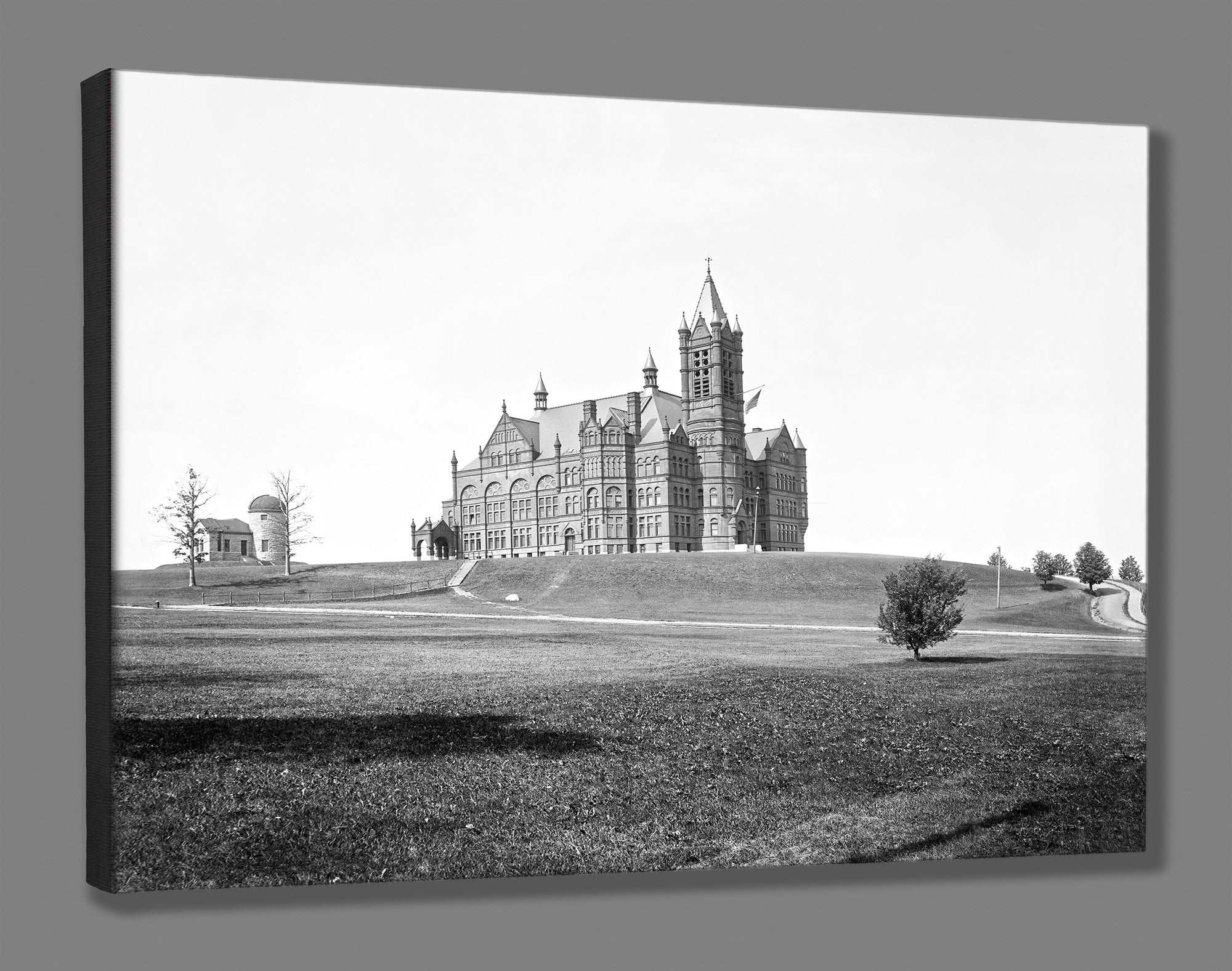 A canvas print reproduction of a vintage photograph of J Crouse Hall at Syracuse University