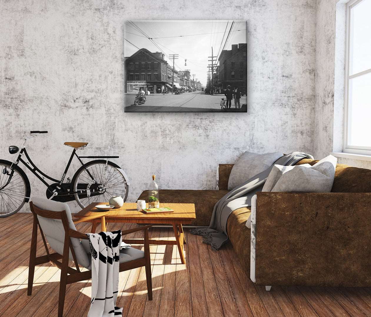 A rendering of a living room with a canvas print on the wall, featuring a vintage photograph of King Street
