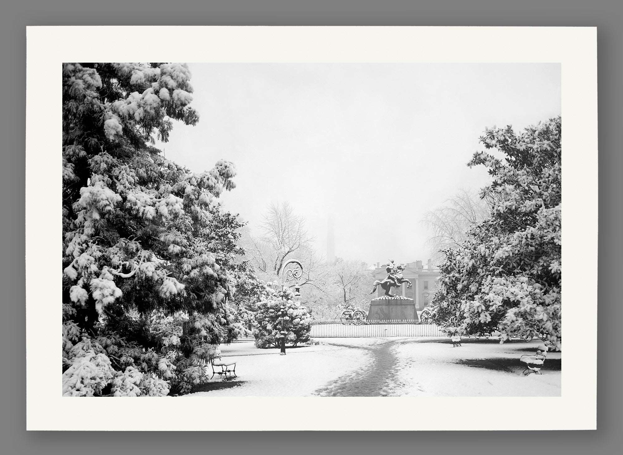 A paper print reproduction of a vintage photograph of Lafayette Park in the winter
