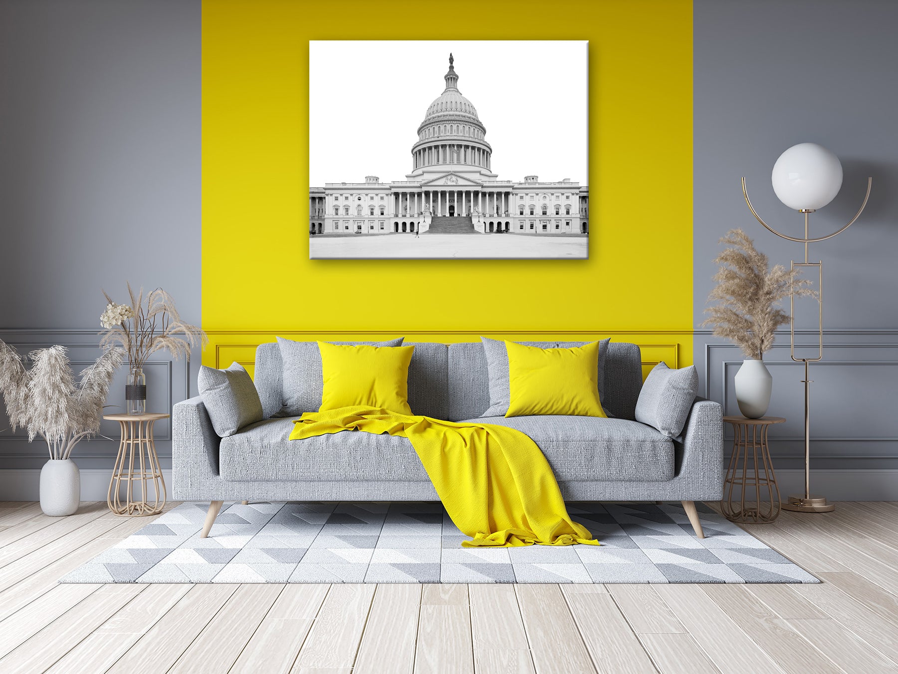 A canvas print hanging on a yellow wall, featuring a vintage image of the Capitol Building's main entrance