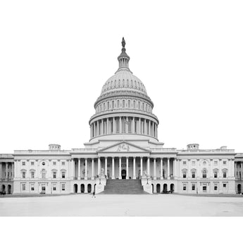 A black and white, vintage photograph of the main entrance of the Capitol Building in Washington DC