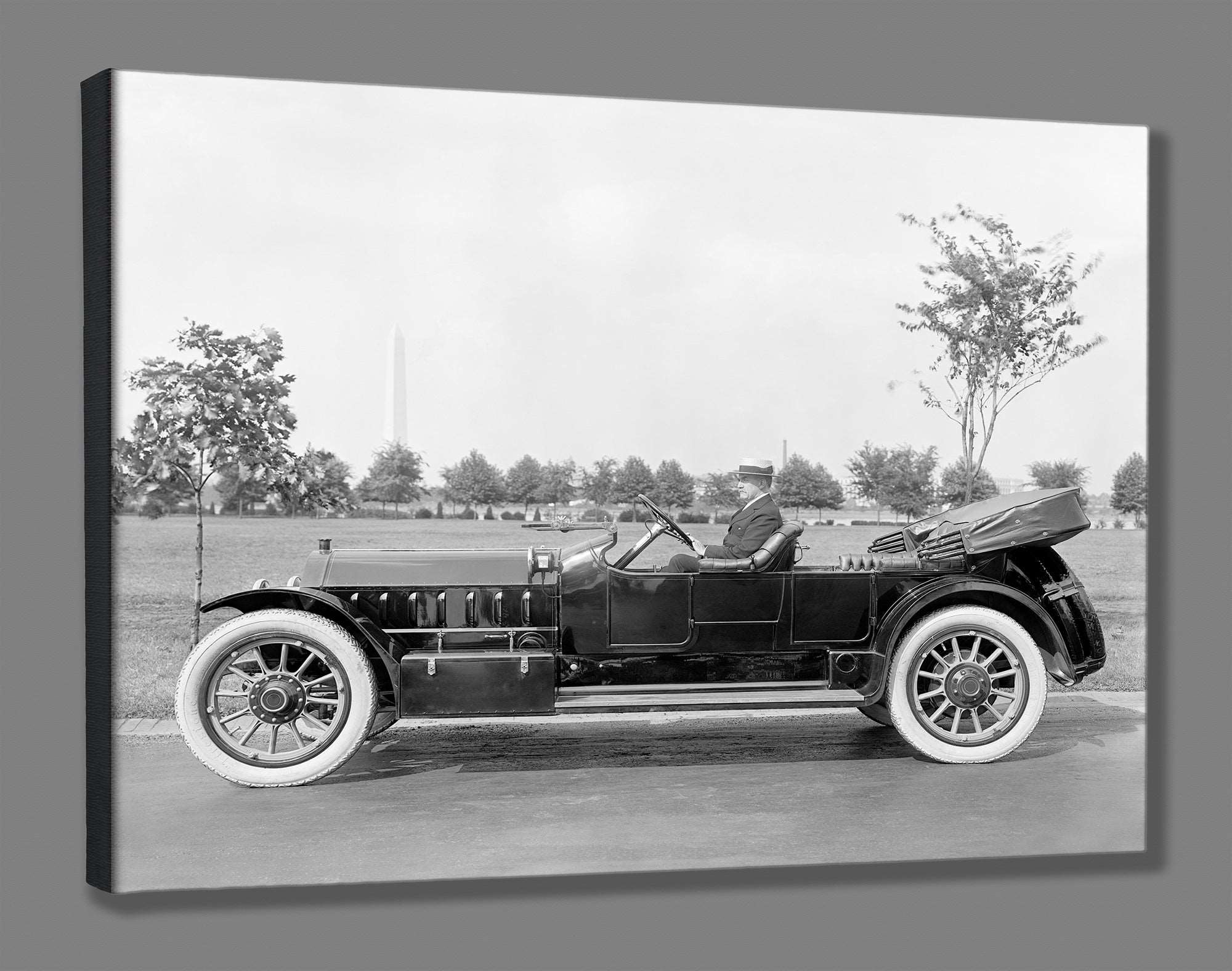 A mockup canvas print of a vintage photograph of a Marmon Motor Car Company vehicle
