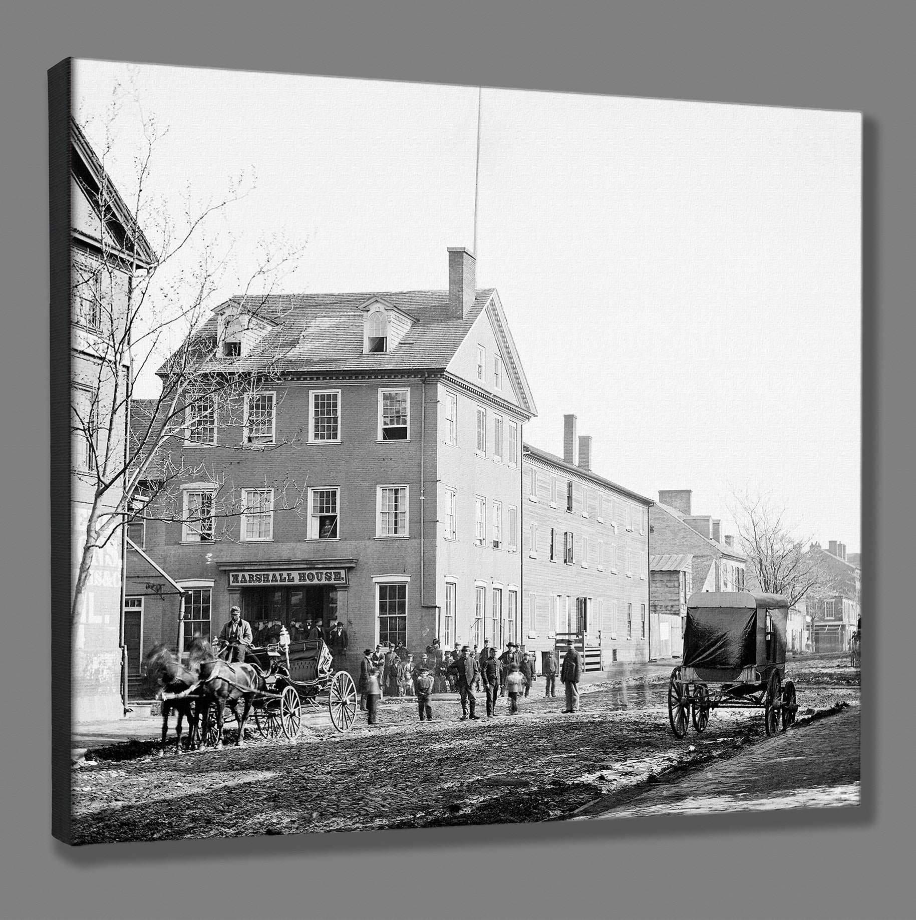 A mockup canvas print of a vintage photograph of the Marshall House in Alexandria
