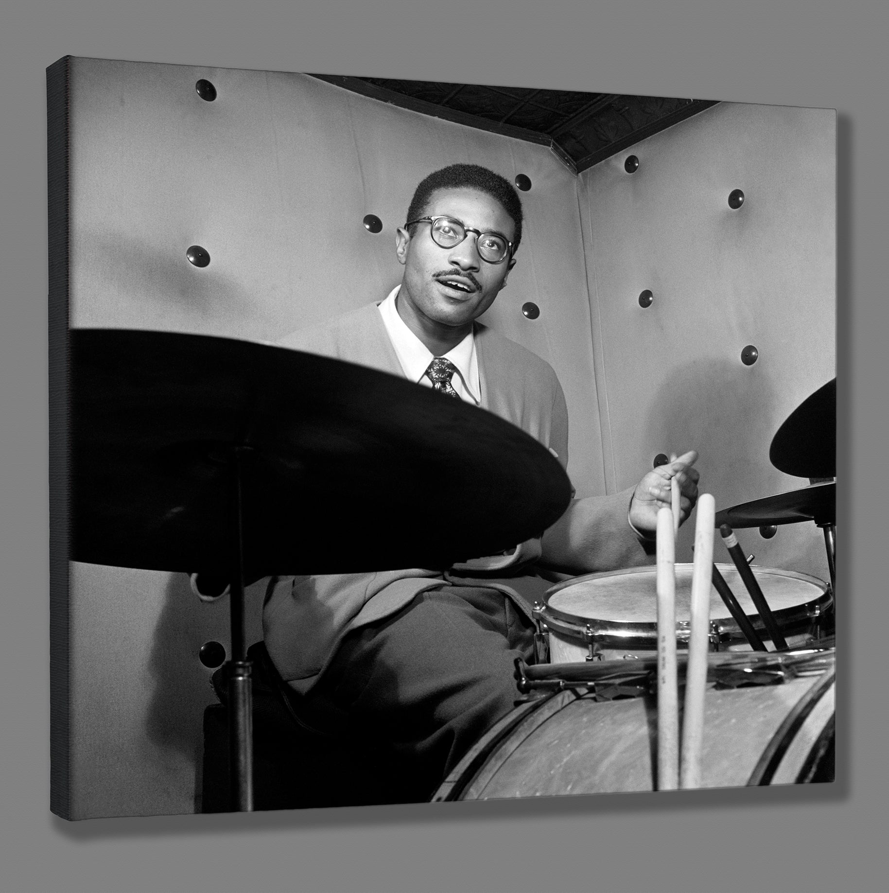 A mockup canvas print of a vintage image of Max Roach