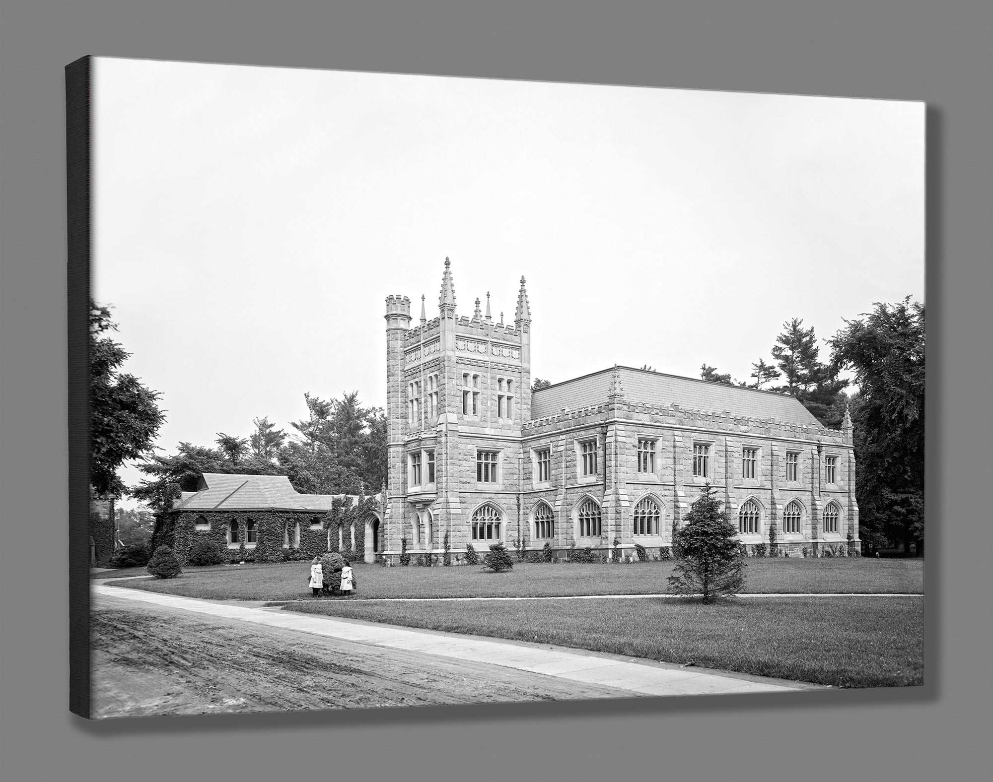 A canvas reproduction print of a vintage photograph of Murray Dodge Hall