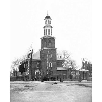 A vintage, black and white photograph of Old Christ Church in Alexandria, Virginia