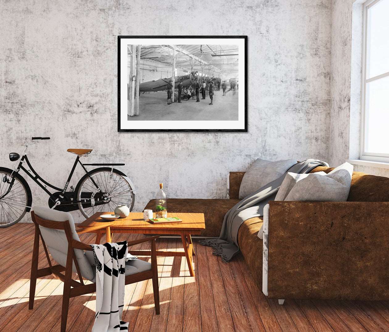 A digitally rendered living room with a framed paper print of a vintage photograph of a plane shop hanging on the wall