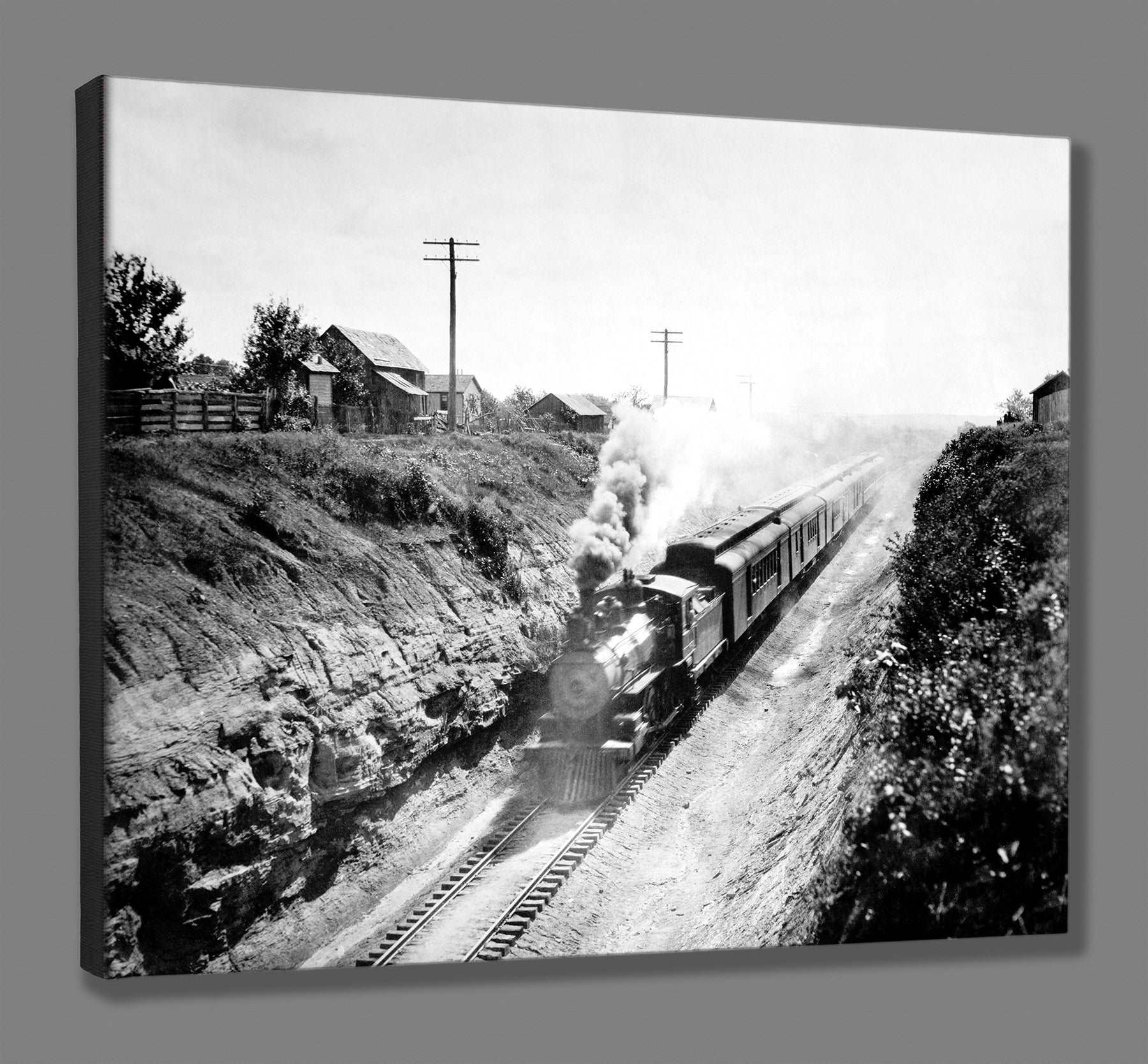 A canvas print of a vintage railroad train photograph