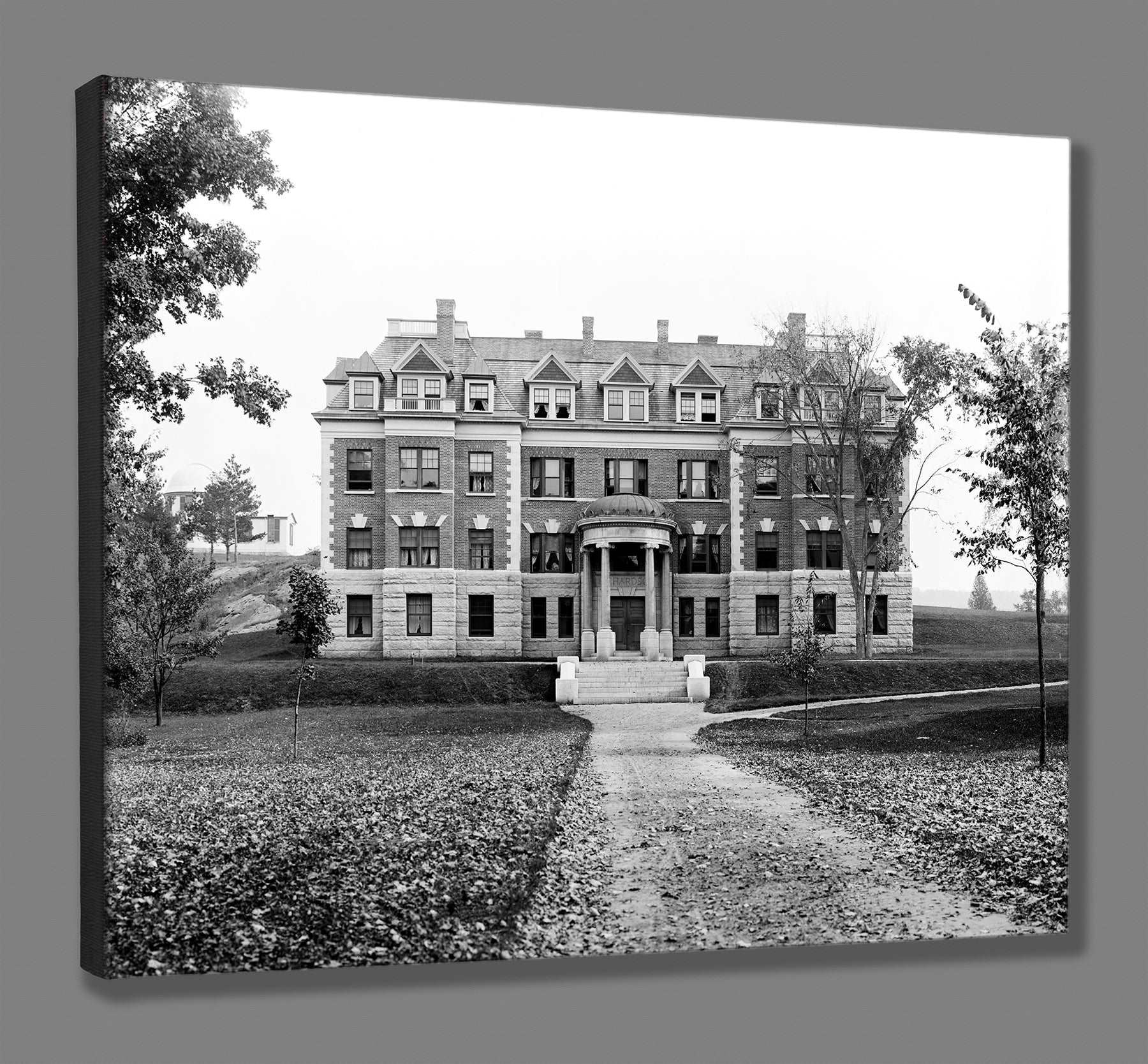 A canvas reproduction print of a vintage photograph of Richardson Hall at Dartmouth