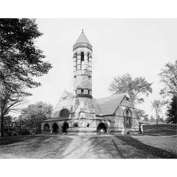 A black and white vintage photograph of Rollins Chapel at Dartmouth University