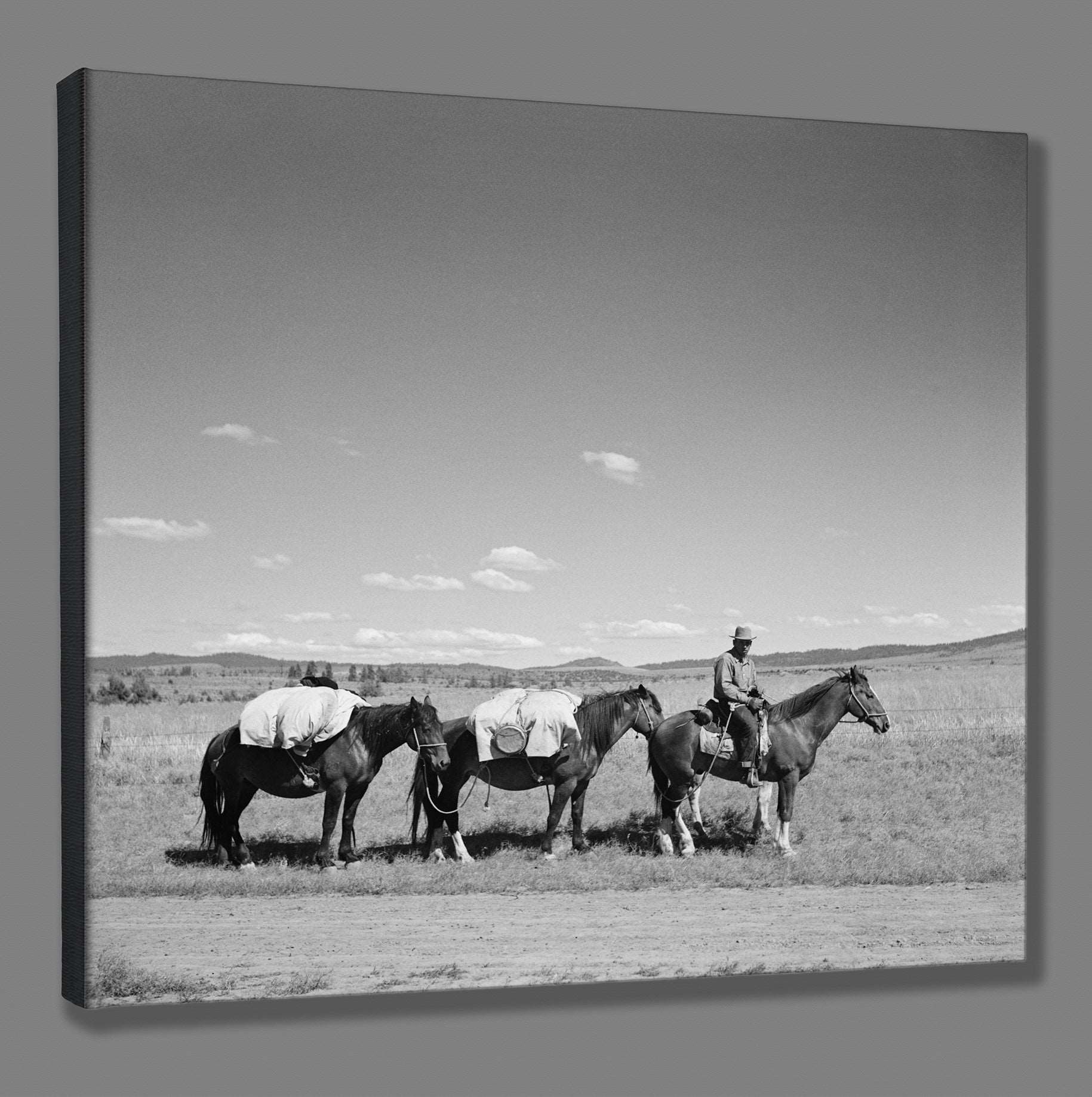 A mockup canvas print feauturing vintage photography of a sheep herder with his horses in Oregon