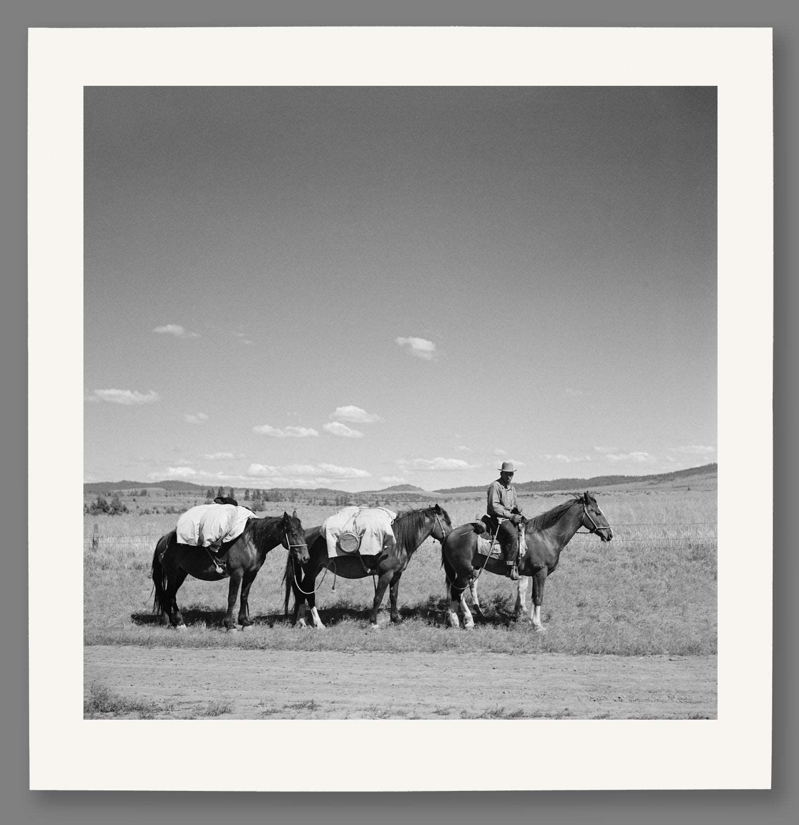 A paper print mockup featuring a black and white photograph of a sheep herder in Oregon