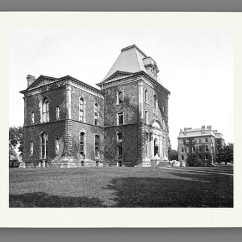 A mockup paper print featuring vintage photography of the University of Rochester's Sibley Hall