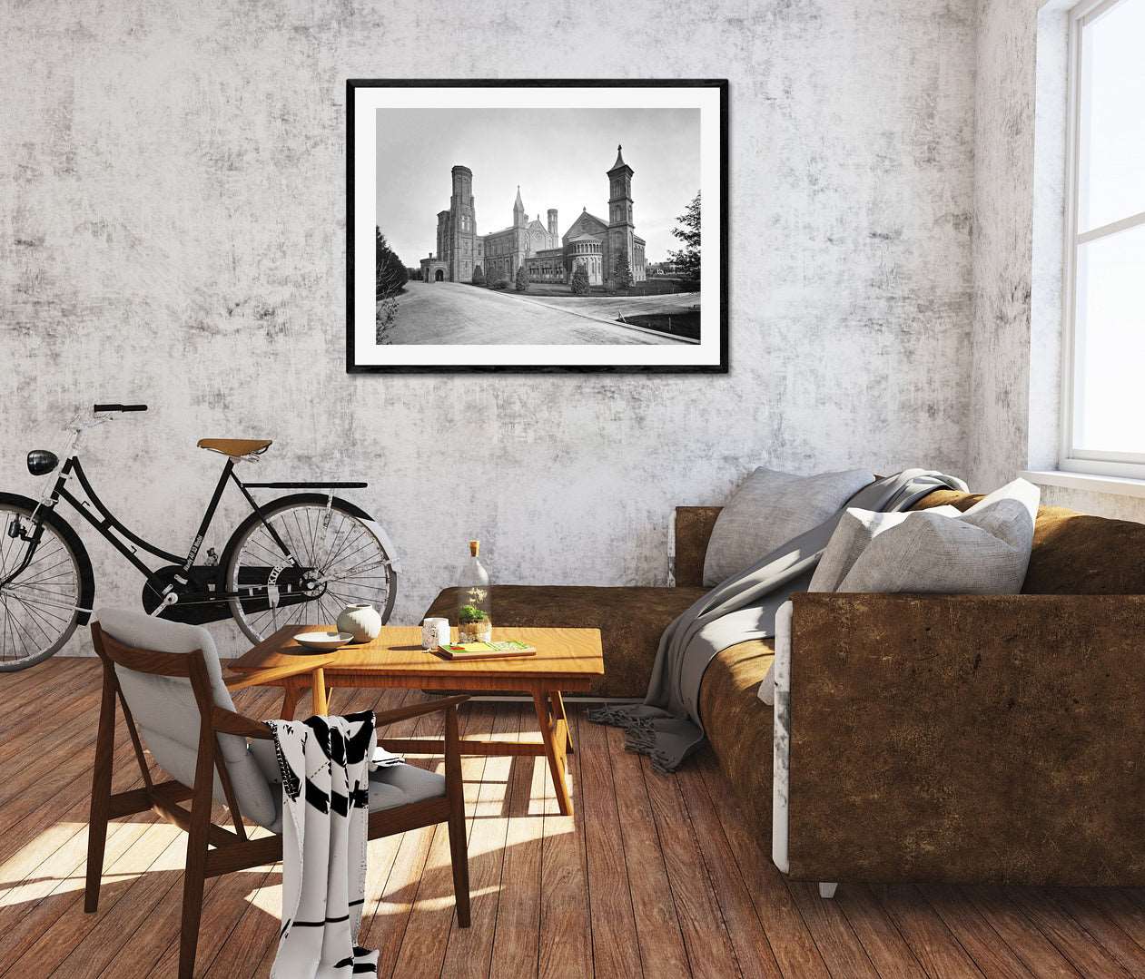 A rendering of a living room with a framed paper print of a black and white photo of the Smithsonian Castle