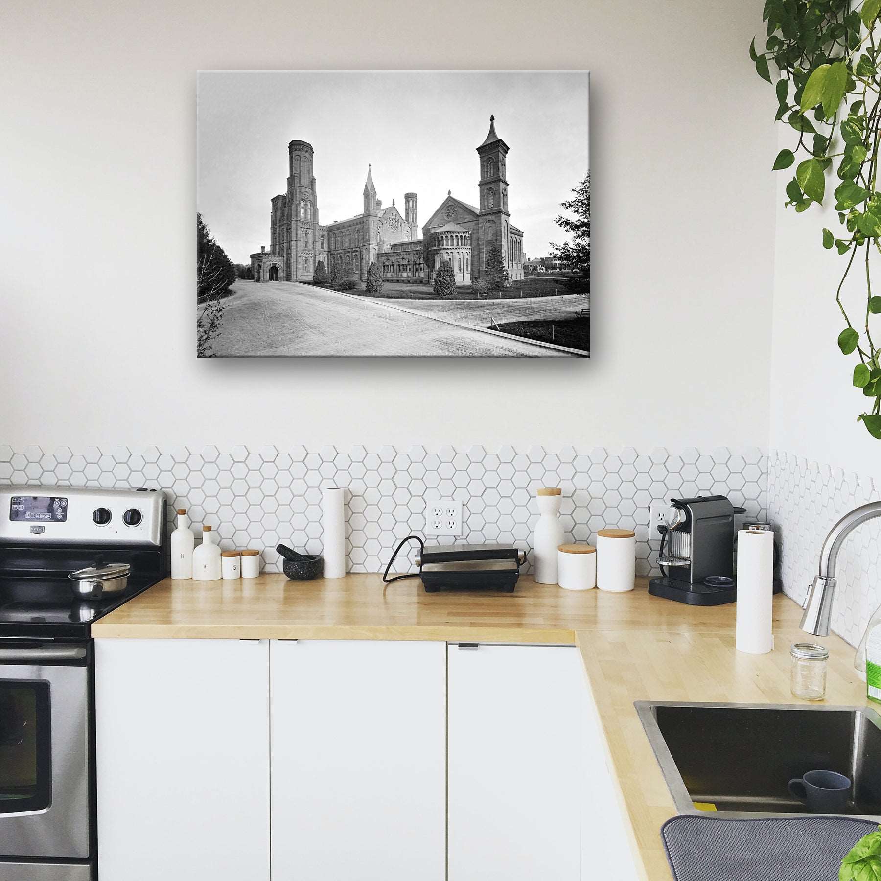 A modern kitchen with a canvas print reproduction of a photograph of the Smithsonian Institute
