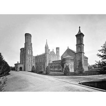 A black and white, vintage photograph of the Smithsonian Institute