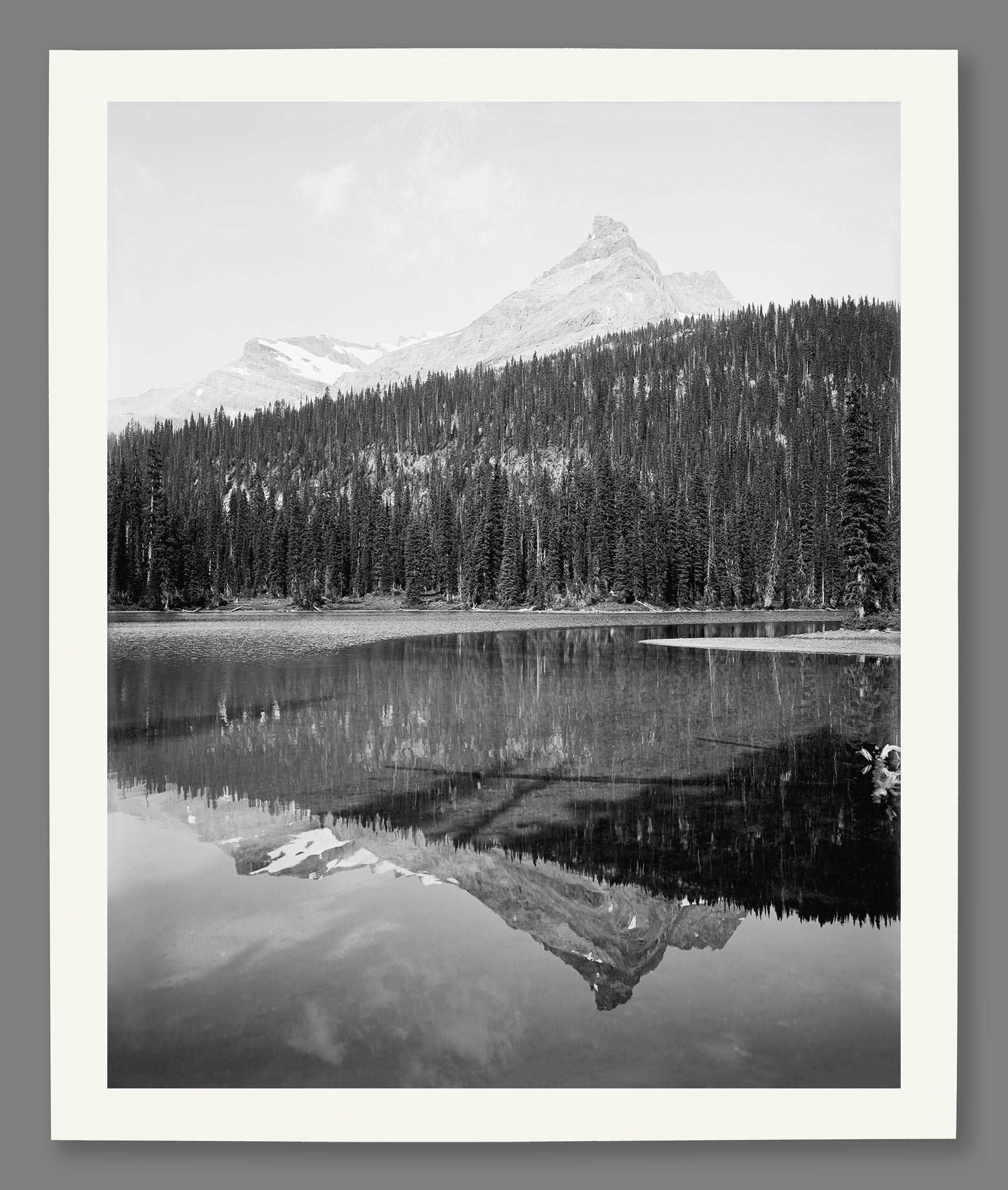 A fine art paper print of a black and white image of Yoho Park's Summit Lake