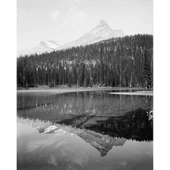 A black and white vintage landscape photograph of Summit Lake in Yoho Park