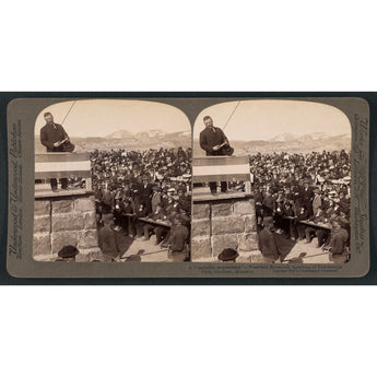 A vintage stereograph image featuring a photograph of Teddy Roosevelt