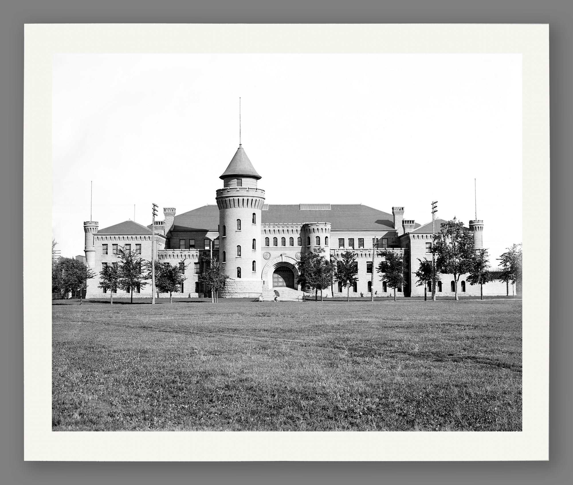 A paper print reproduction of a vintage photograph of the University of Minnesota's Armory