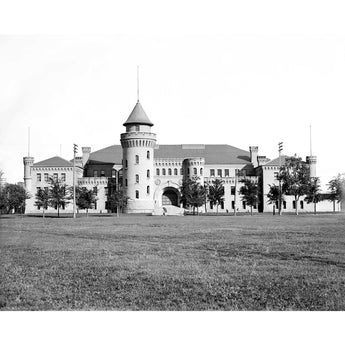 A black and white, vintage photograph of The Armory at the University of Minnesota