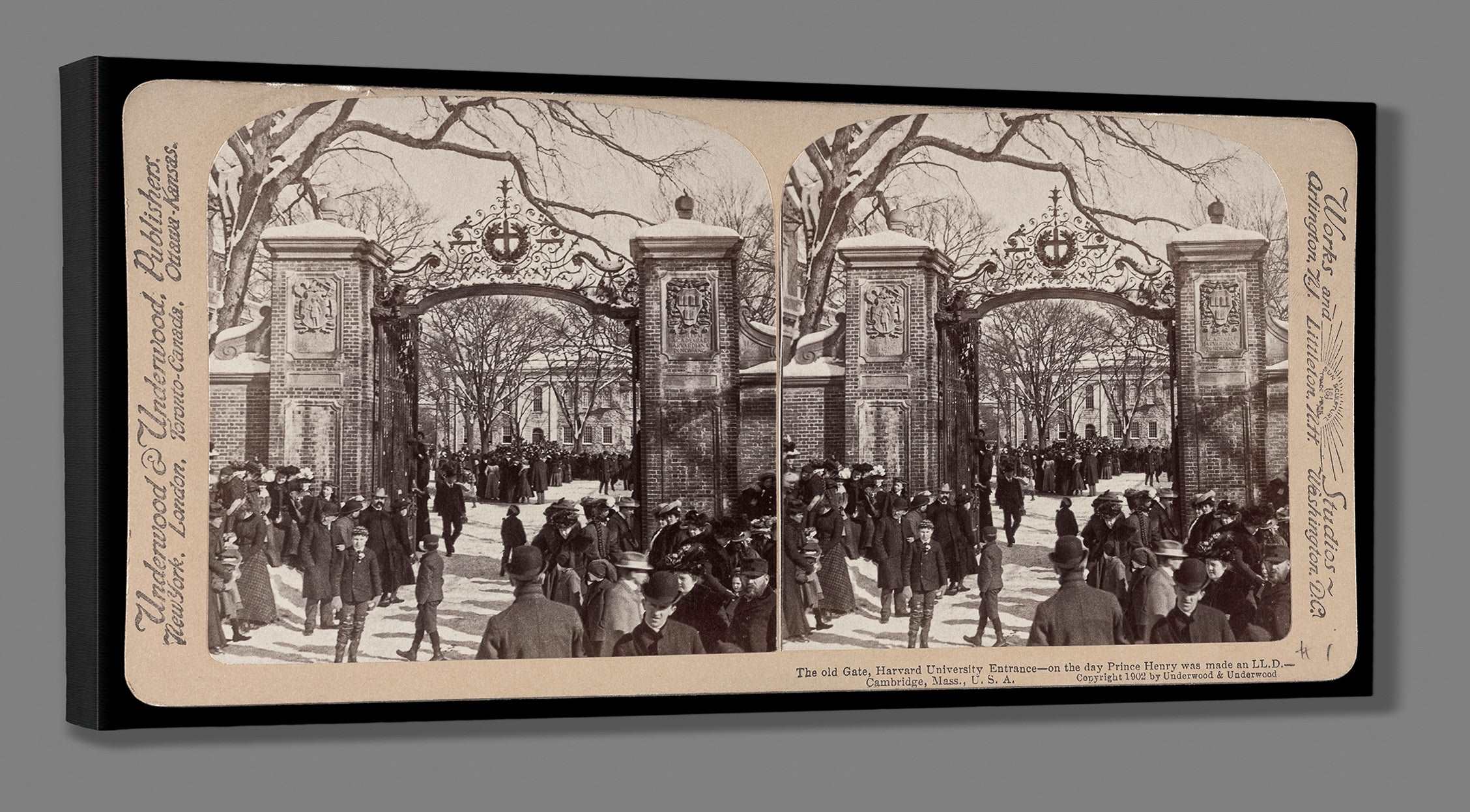A canvas print mockup of vintage photograph of The Old Gate at Harvard University