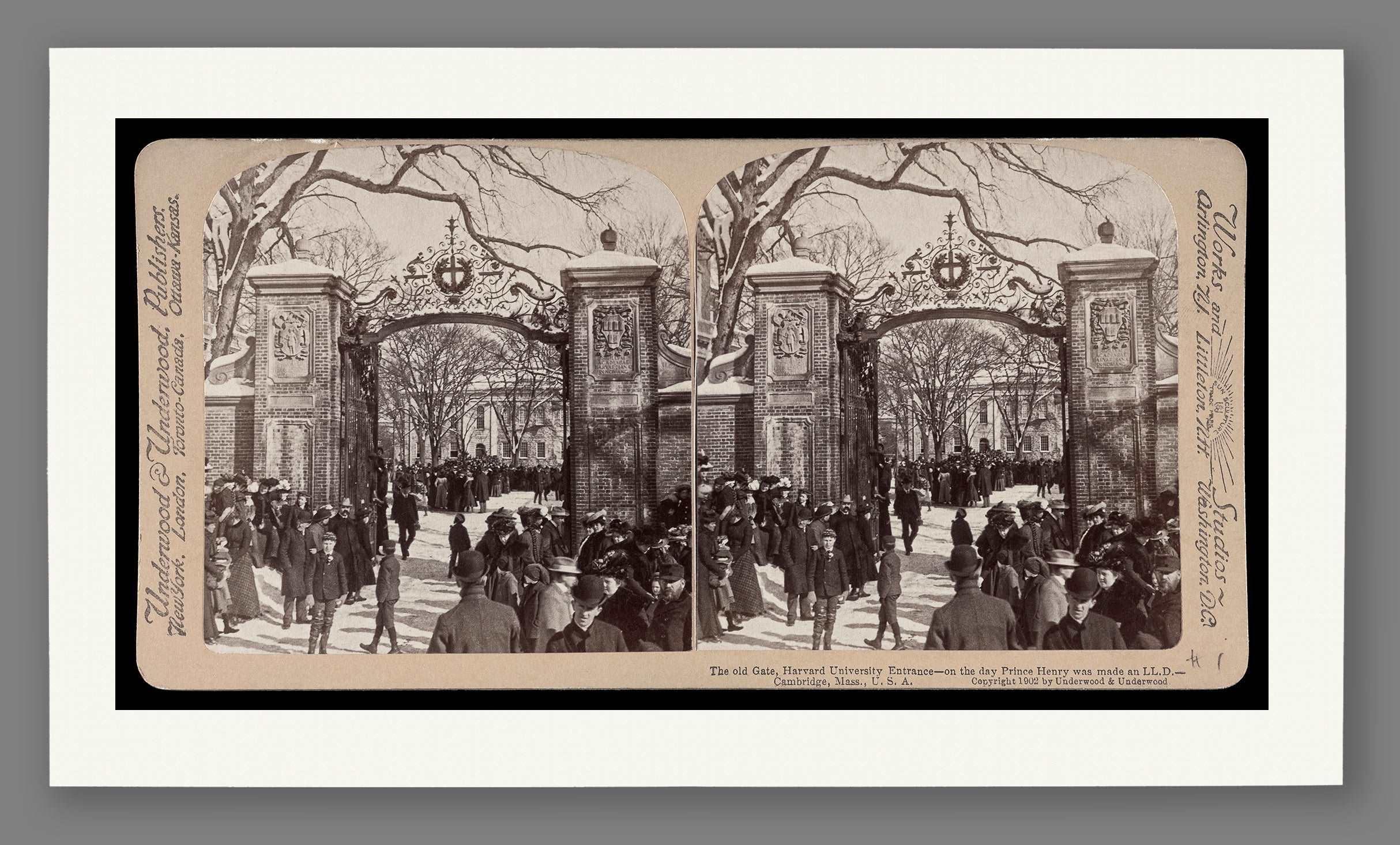 A paper print reproduction of a vintage stereograph image of Harvard University