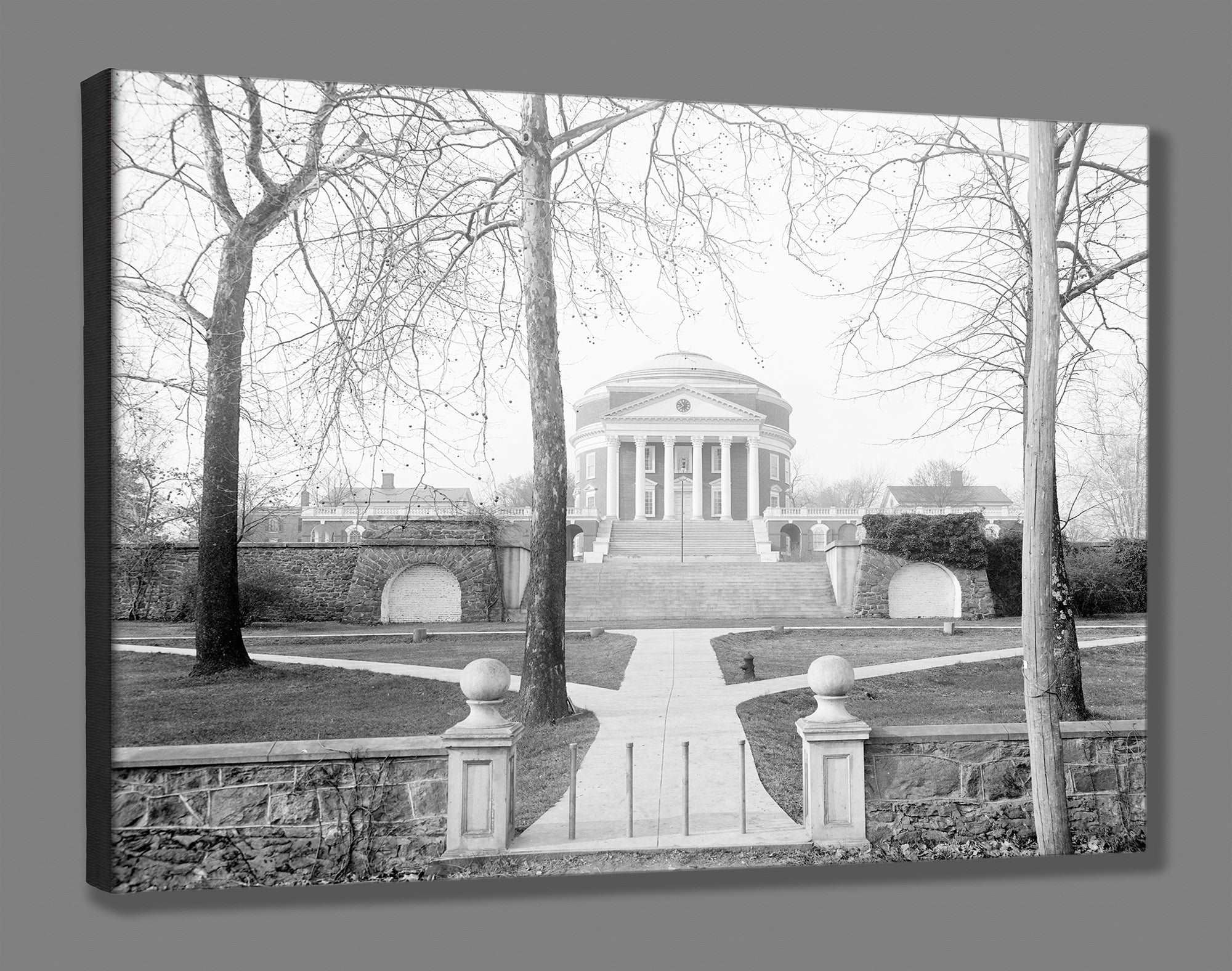 A canvas print reproduction of a vintage photograph of the Rotunda at the University of Virginia