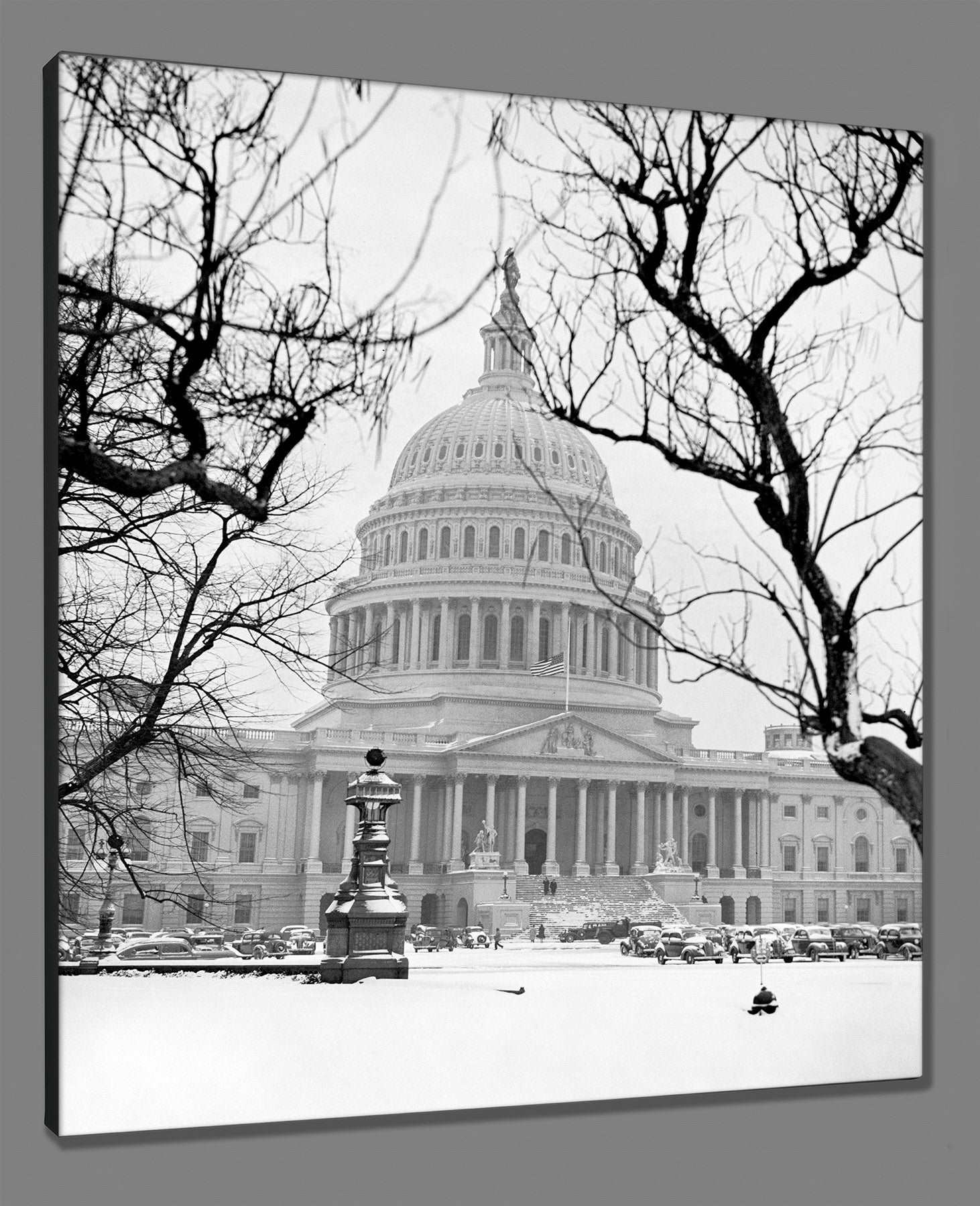 An archival canvas reproduction print of our vintage photograph of the US Capitol in snow