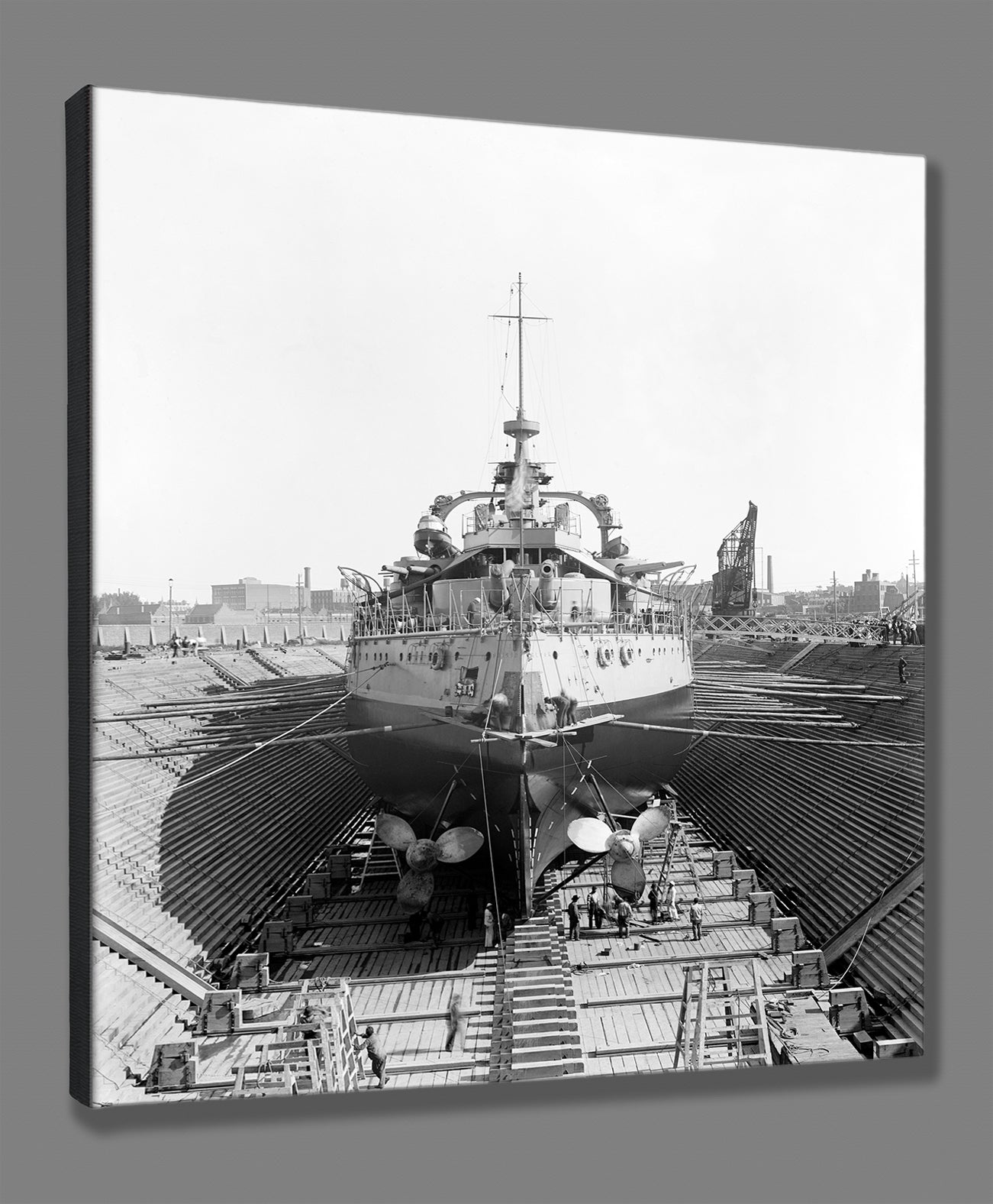 A canvas print reproduction of a photograph of the USS Oregon at the Brooklyn Navy Yard