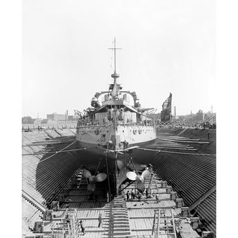A vintage photograph of the USS Oregon in dry dock at the Brooklyn Navy Yard