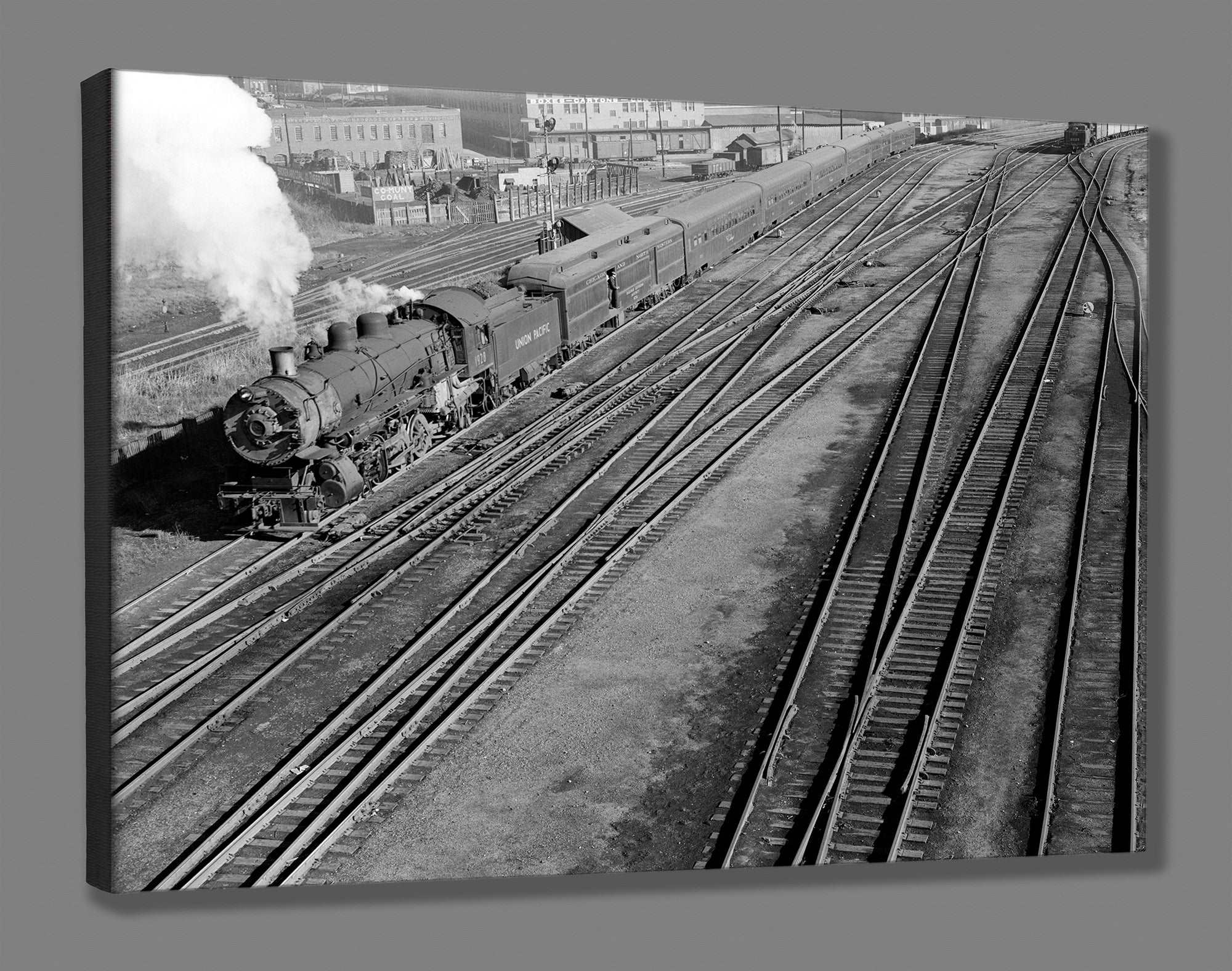 A stretched canvas print of a vintage photo of the Union Pacific Yards in Nebraska