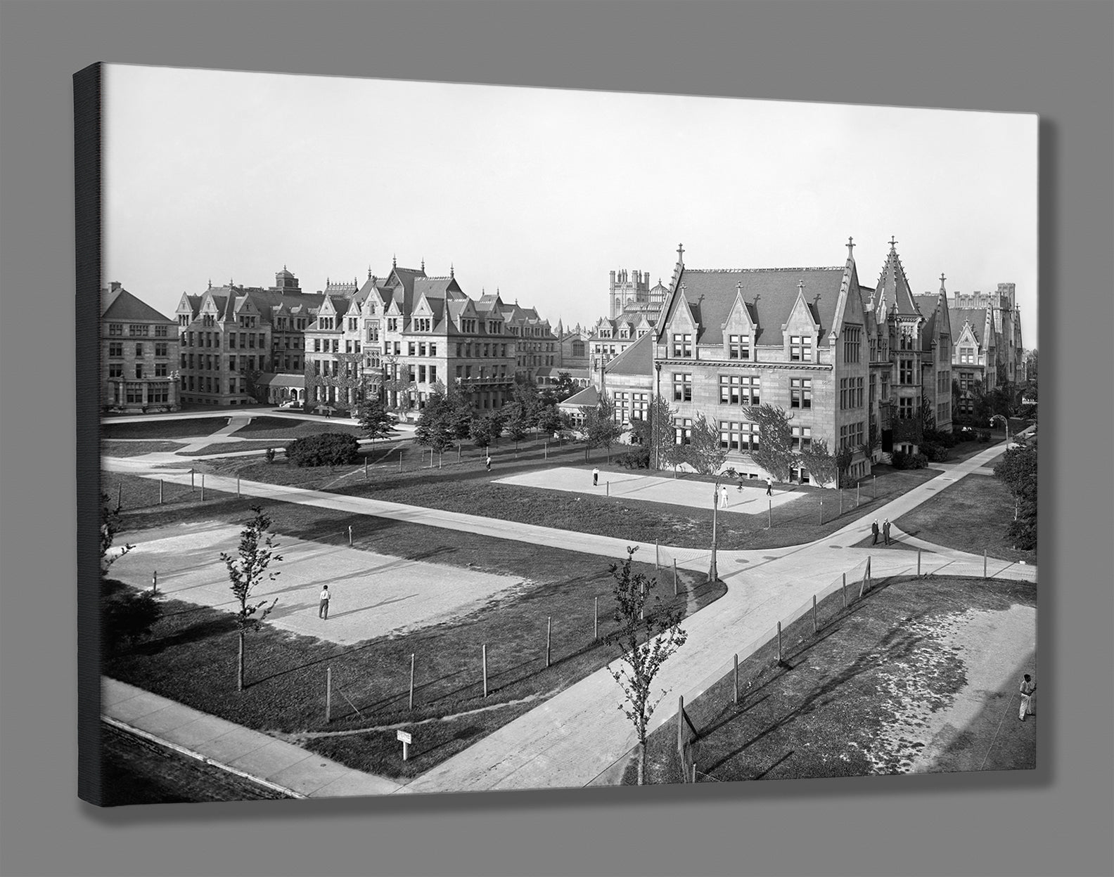 A canvas print mockup of a vintage photograph featuring the campus of the University of Chicago