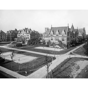 A black and white vintage photograph of the campus of the University of Chicago