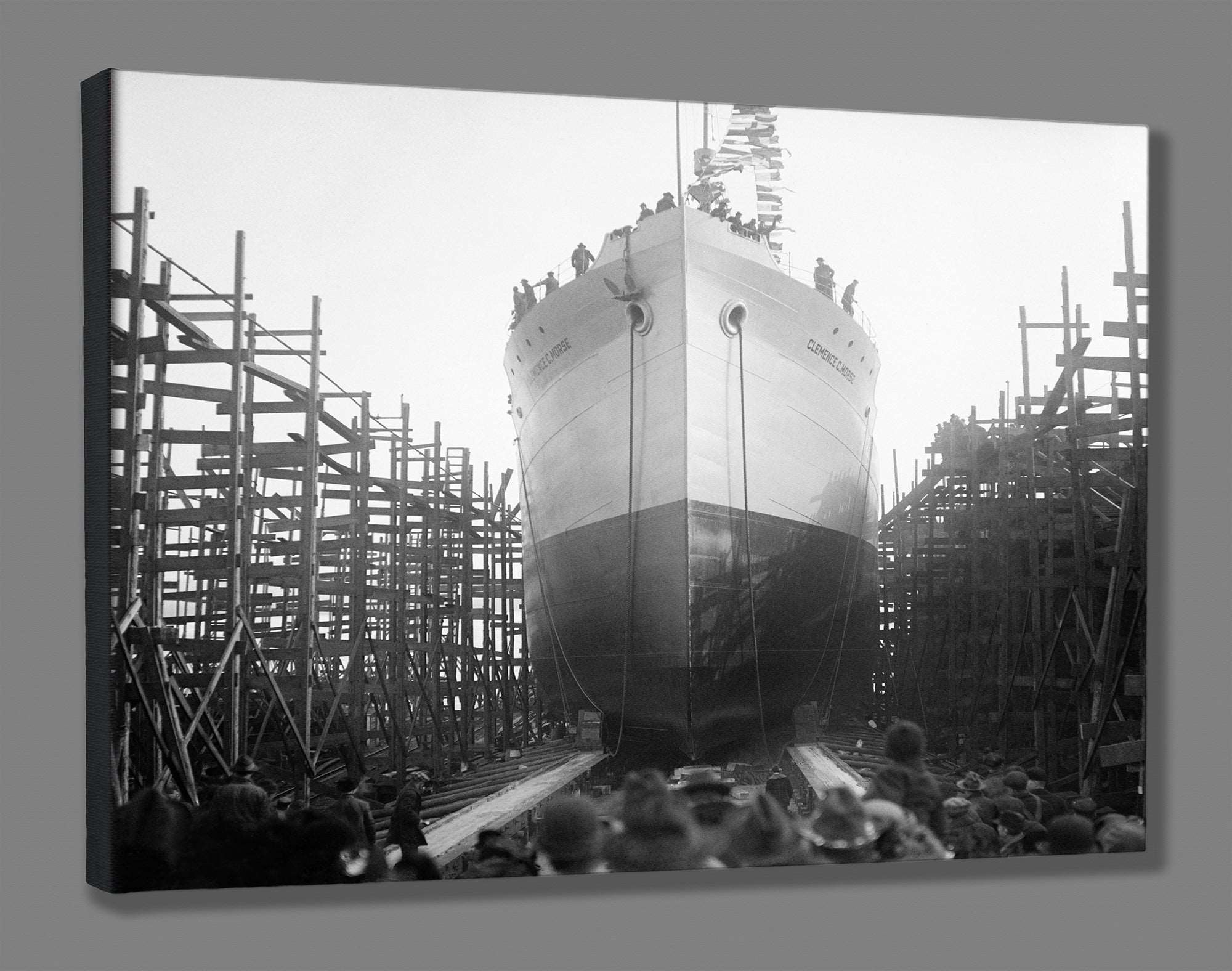 A canvas reproduction print of a vintage photograph of a ship launch in Virginia