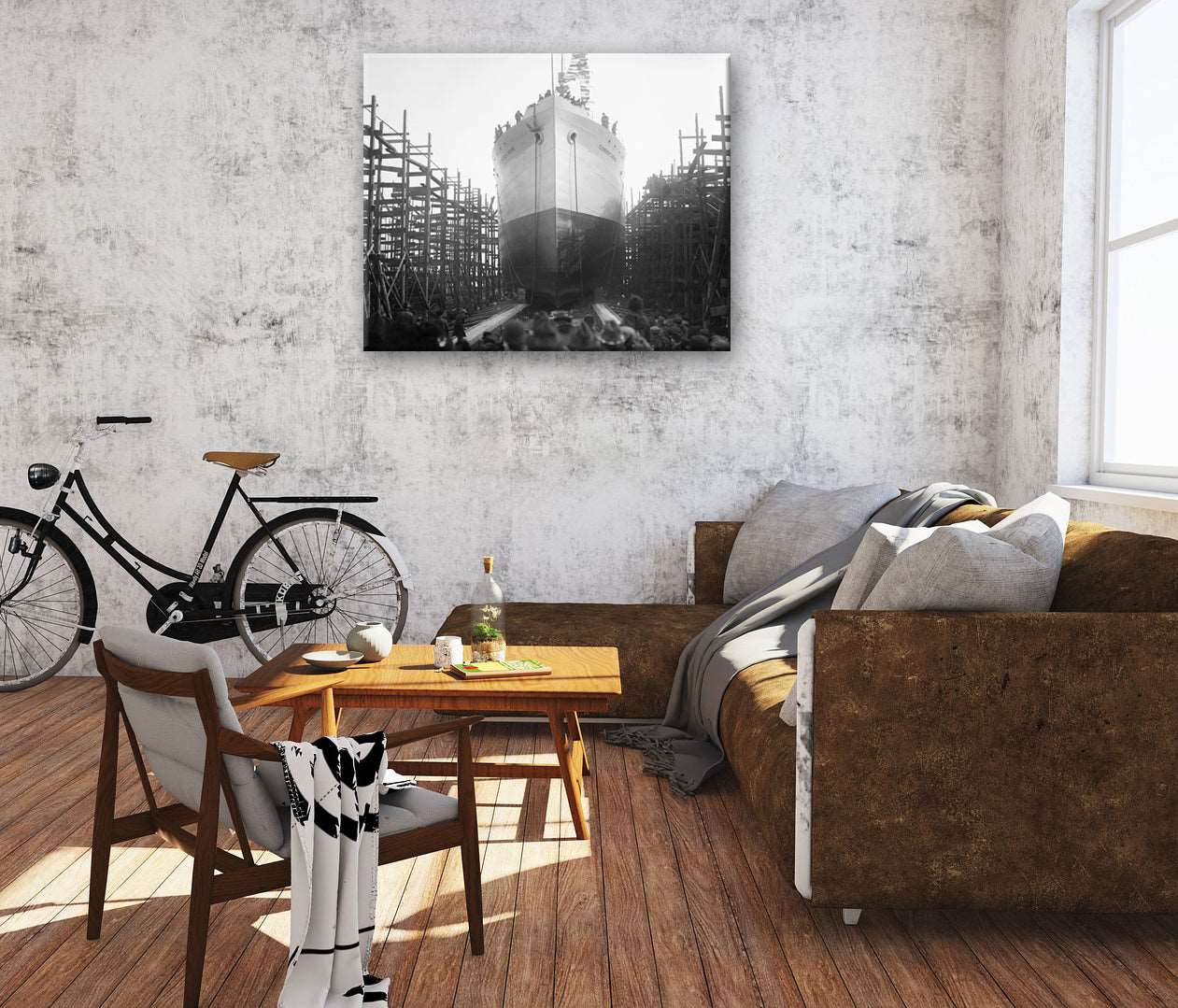 A digitally created living room featuring a canvas print on the wall
