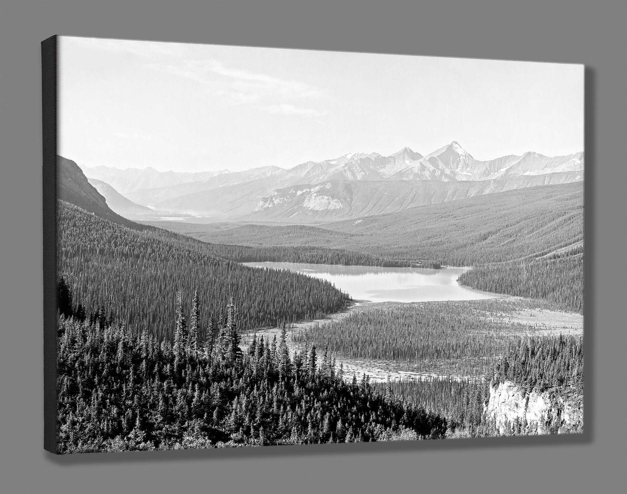 A mockup of an archival canvas print of a black and white vintage landscape photograph