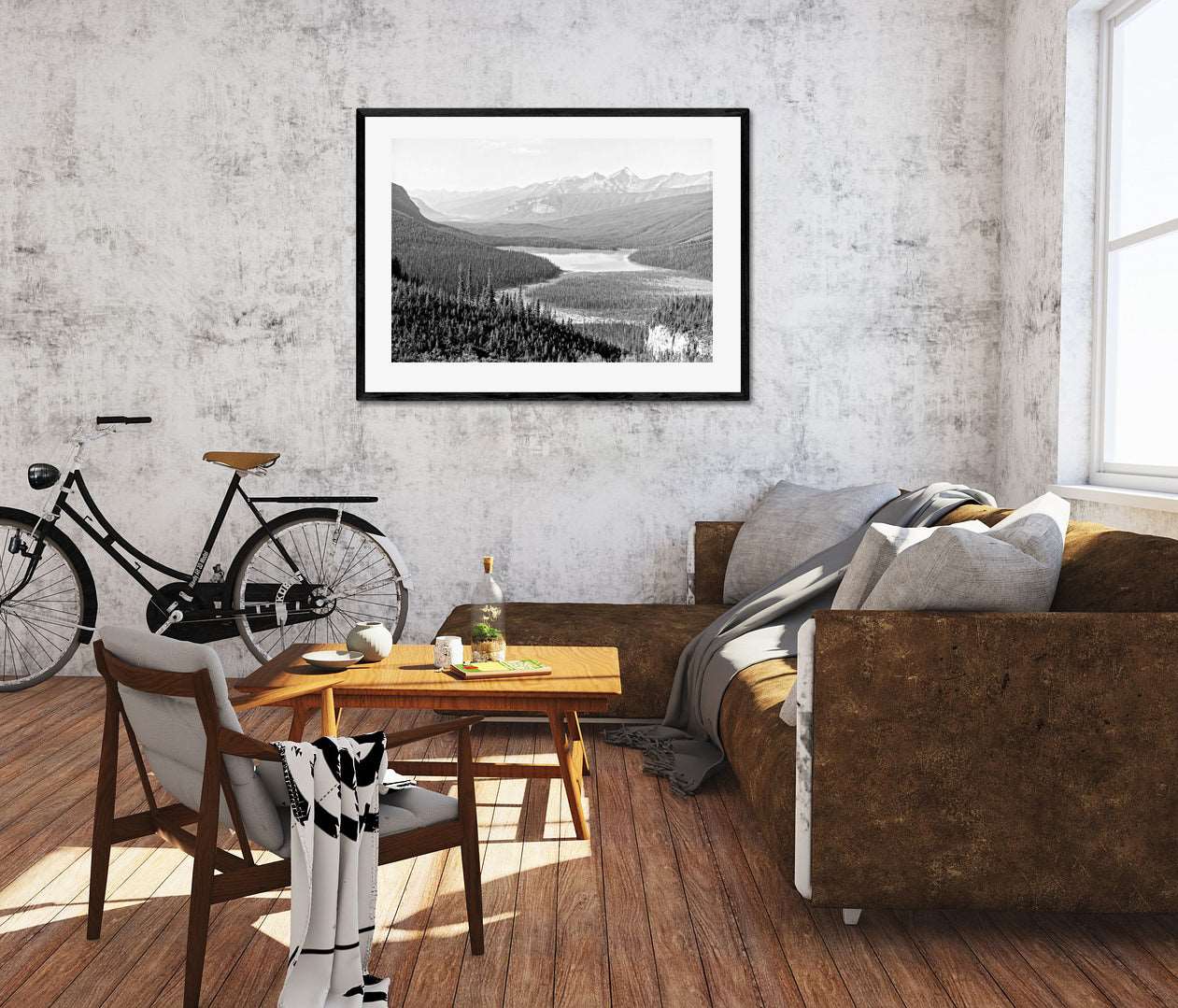A trendy living room rendering with a framed paper print of our vintage photograph of the Van Horn Range