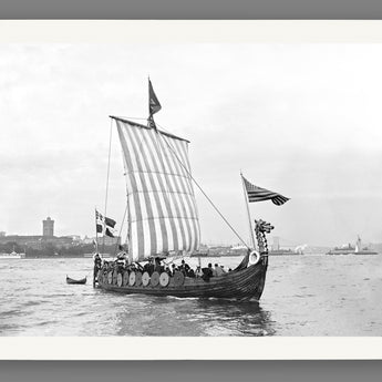 A fine art paper print reproduction of a vintage photogrpah of a replica Viking ship