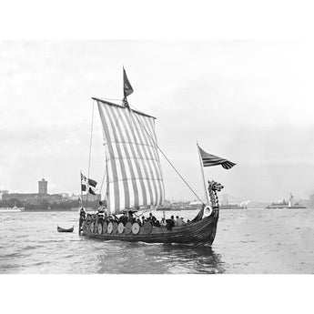 A vintage photograph of a replica of a Viking Ship