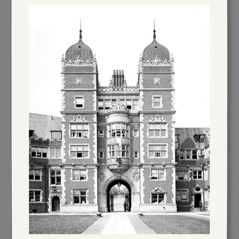 A digital rendering of an archival print reproduction of a black and white photograph of War Memorial Tower at the University of Pennsylvania
