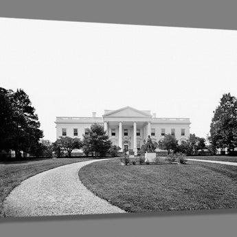 A canvas print reproduction of a black and white photograph of the White House from the 1860s
