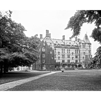 A vintage, black and white photograph of Witherspoon Hall at Princeton University