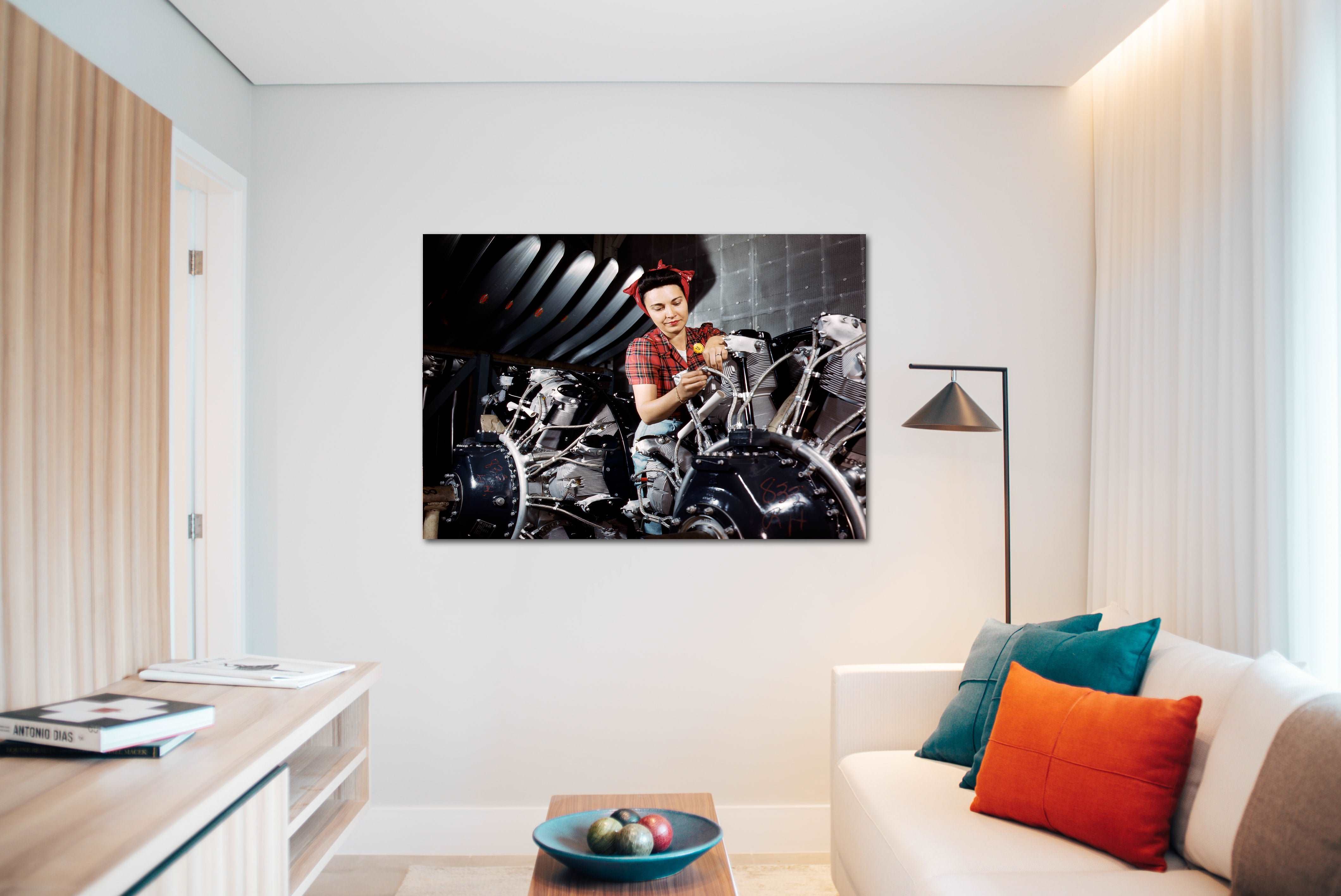 A digitally rendered image of a canvs print hanging in a neutral toned living room