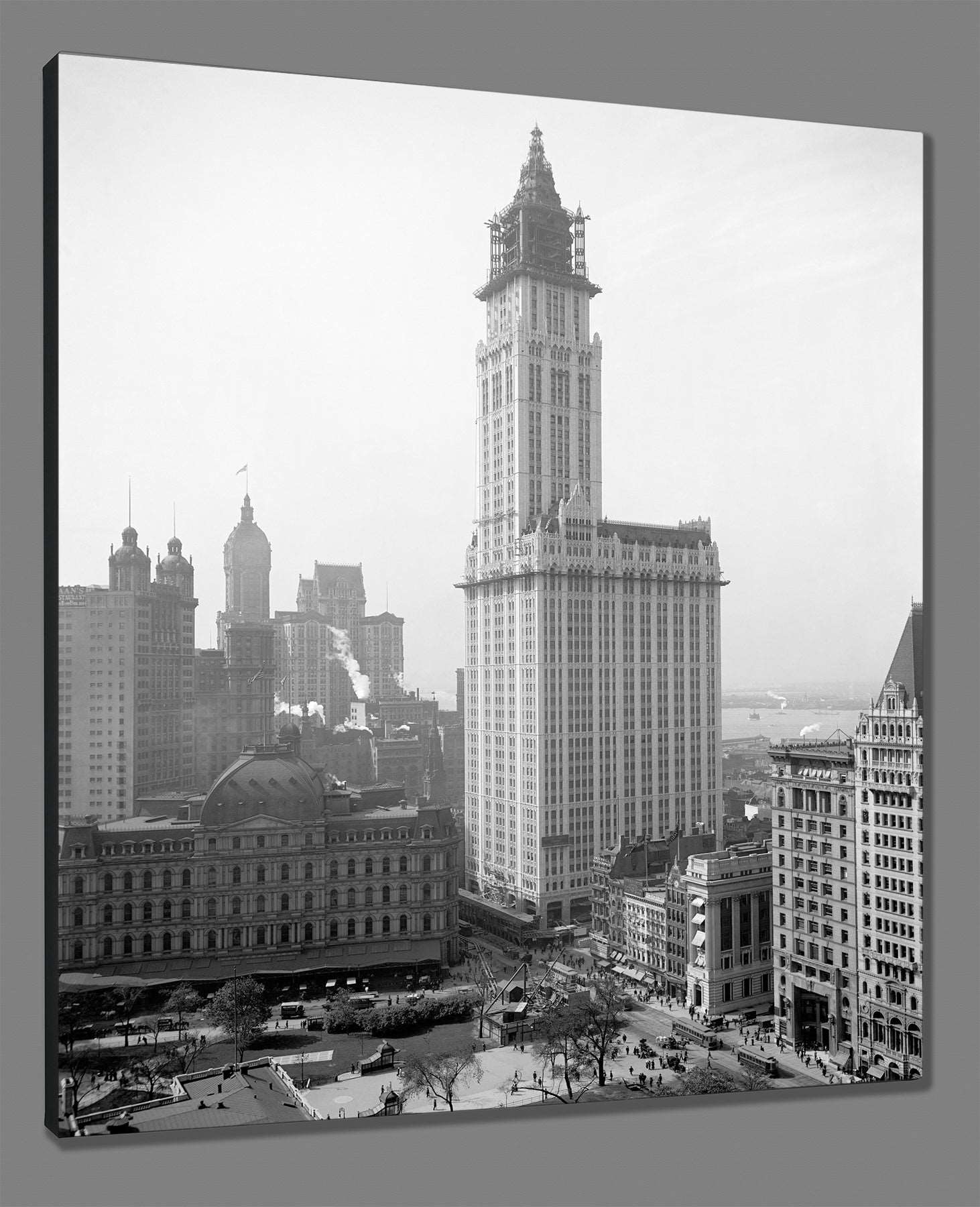 A canvas print rendering of vintage photography featuring New York City's Woolworth Building