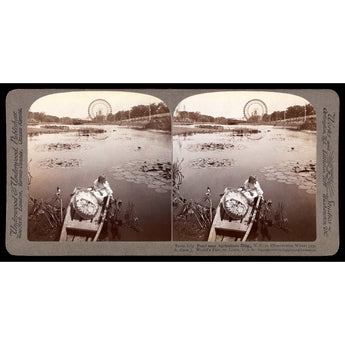 A vintage stereograph image of a Lily Pond with the St. Louis Worlds Fair Observation Wheel in the background